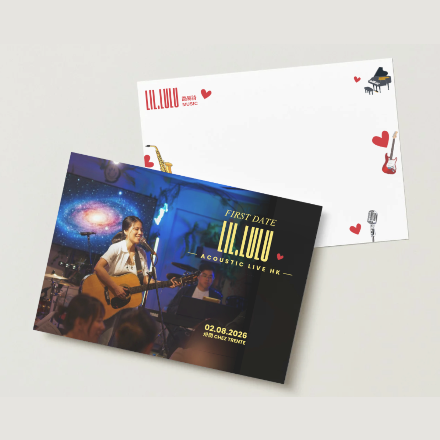 A printed Postcard showing front and back of the card. The card features a dark blue and black stage design with Lil.Lulu performing and the text FIRST DATE Lil.Lulu Acoustic Live Hong Kong, 02.08.2026 Chez Trente