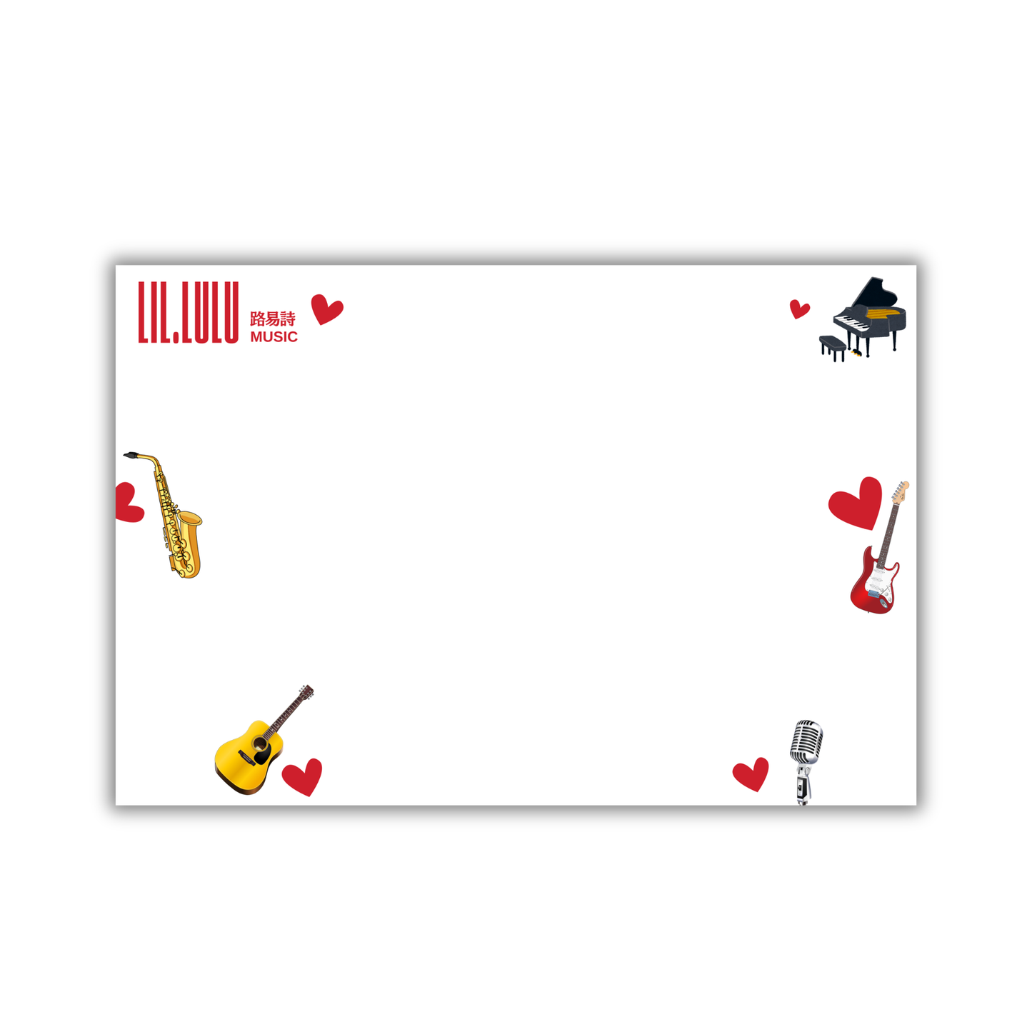 Back of the Postcard. A white rectangular card or print featuring music-themed illustrations: red hearts, a yellow saxophone, a yellow guitar, a black piano, a red electric guitar, and a silver microphone. The text 'Lil.Lulu 路易詩MUSIC' appears in red at the top left.